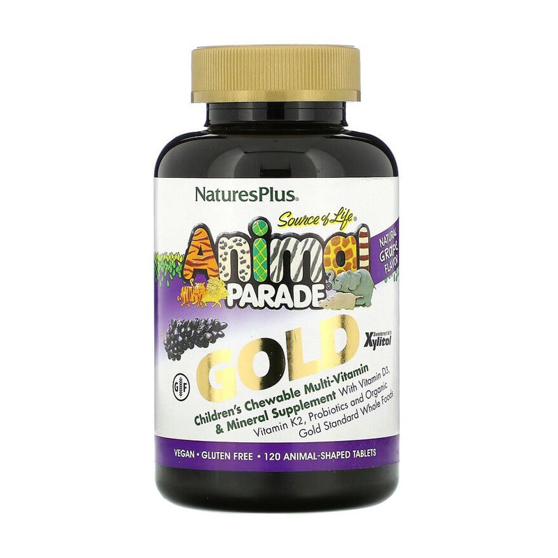 Мультивітаміни та мінерали для дітей NaturesPlus Animal Parade Gold зі смаком винограду, 120 жувальних таблеток