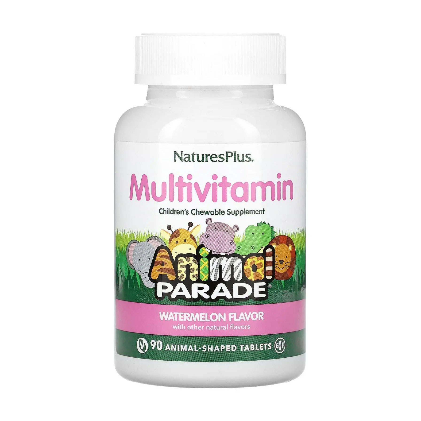 Мультивітаміни та мінерали для дітей NaturesPlus Animal Parade Multivitamin зі смаком кавуна, 90 жувальних цукерок у формі тварин